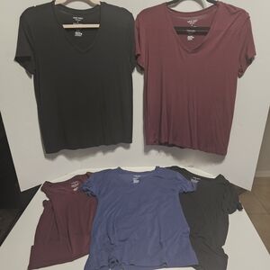 Nine West V-Neck Short Sleeve Tops - Black, Burgundy, Blue